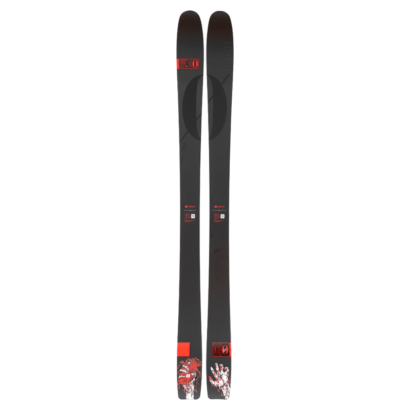 Armada Kimbo 95 skis in matte black with red and white graphics on the tails, shown from a top-down view.