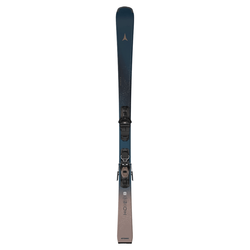 Top view of the Atomic 2027 Cloud Q9+ Ski with Atomic M10 GW Binding for Women, featuring slate blue tips and beige tails with contrasting speckle, logos and ski details in inverted colours, and black bindings with beige details.