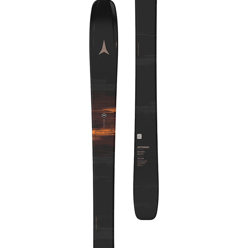 Detailed view of the Atomic 2027 Maven 88 CTI Ski for Women, featuring grey-blue tips and aqua-blue tails with contrast speckle, logos and ski details in contrasting colours, and black bindings.