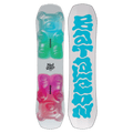 Bataleon Minishred kids snowboard with white deck, blue and pink gummy bear graphics, and blue wavy logo on the base.