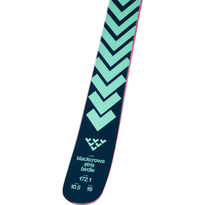 Tail view of the Black Crows Atris Birdie Ski in Turquose colourway, women's model