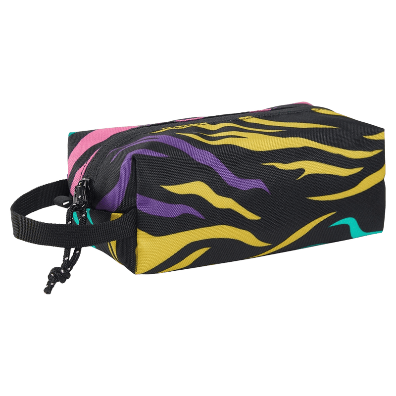 Burton Accessory Case with black, yellow, purple, and pink wavy stripes, side carry handle, and zippered closure.