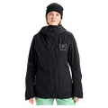 Black Burton AK Upshift Gore-Tex 2L women's snowboard jacket with hood and chest logo, front view.