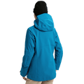 Rear view of a bright blue Burton AK Upshift Gore-Tex 2L women's snowboard jacket with a hood and black beanie.