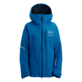 Blue Burton AK Upshift Gore-Tex 2L women's snowboard jacket with hood, front zipper, and white chest logo.