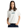 Woman wearing a white Burton Dejaview short-sleeve t-shirt with a green rectangular logo on the chest.