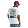 White Burton Dejaview short-sleeve t-shirt featuring a teal wavy back graphic and logo, worn by a man in a cap.