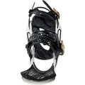 Burton Escapade EST women's snowboard binding in white and black with gold buckles and mesh straps, front view.