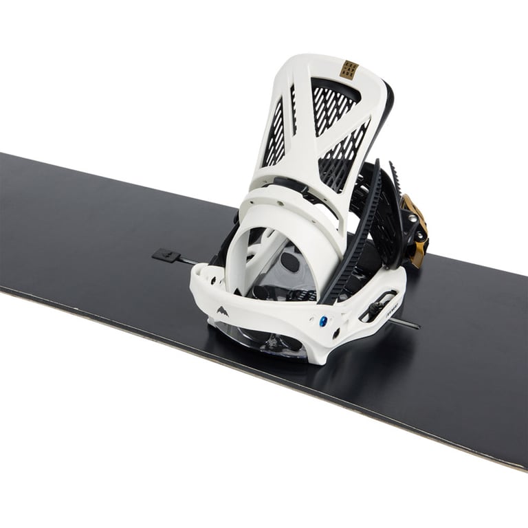 White Burton Escapade EST women's snowboard binding with black straps and mesh highback on a black snowboard.