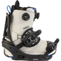Black Burton Escapade EST snowboard binding side profile mounted on a white Burton BOA snowboard boot.