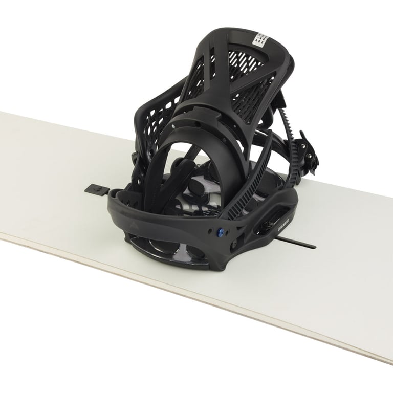 Black Burton Escapade EST women's snowboard binding with cutout highback and straps, mounted on a white board.