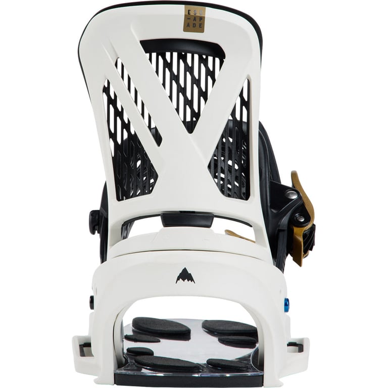 Rear view of white Burton Escapade EST women's snowboard bindings featuring a black mesh highback and white heel hoop.