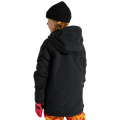 Rear view of a black Burton Frostner Anorak kids' snowboard jacket with a hood, black beanie, and pink gloves.