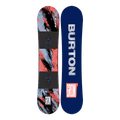 Burton Grom Camber kids snowboard with red and blue abstract top sheet and blue base with white vertical logo.