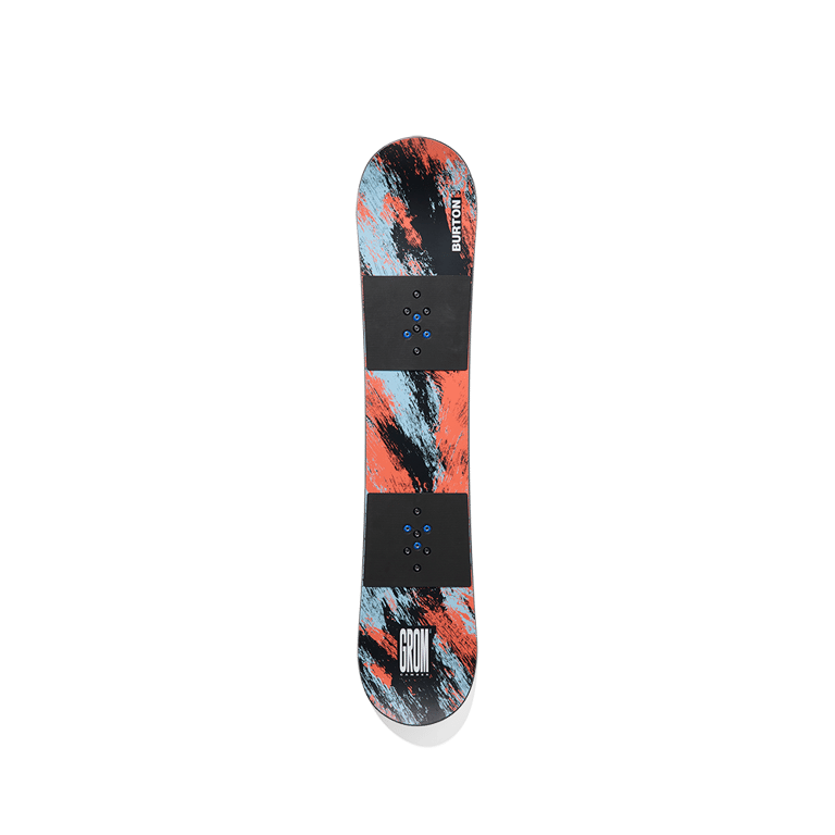 Burton Grom Camber kids snowboard with orange and blue abstract brushstroke graphics and black binding plates.