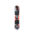 Burton Grom Camber kids snowboard with orange and blue abstract brushstroke graphics and black binding plates.