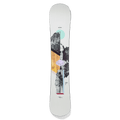 Burton Hideaway Women's Snowboard featuring a white deck with a central mountain graphic and geometric accents.