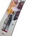 Burton Hideaway women's snowboard with purple mountain graphics, yellow wood grain accents, and black Channel mounting.