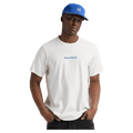 White Burton short sleeve t-shirt with a small blue logo on the chest, worn by a man in a blue baseball cap.