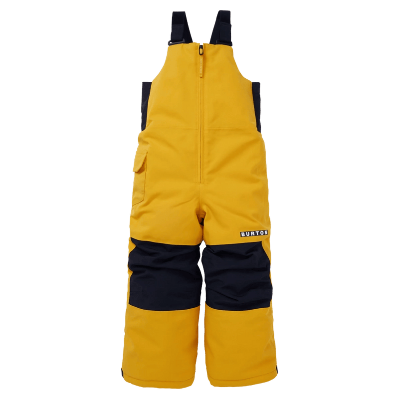 Yellow kids' Burton Maven Bib snowboard pants featuring navy knee patches, a front zipper, and a side cargo pocket.