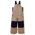 Tan kids' Burton Maven Bib Snowboard Pants with black knee patches, front zipper, and black shoulder straps.
