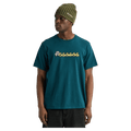 Teal Burton Ransacked short-sleeve t-shirt with a cartoon chest graphic on a man wearing an olive green beanie.