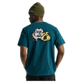 Back of a teal Burton Ransacked SS Tee with a bulldog graphic and yellow bag, worn with an olive green beanie.