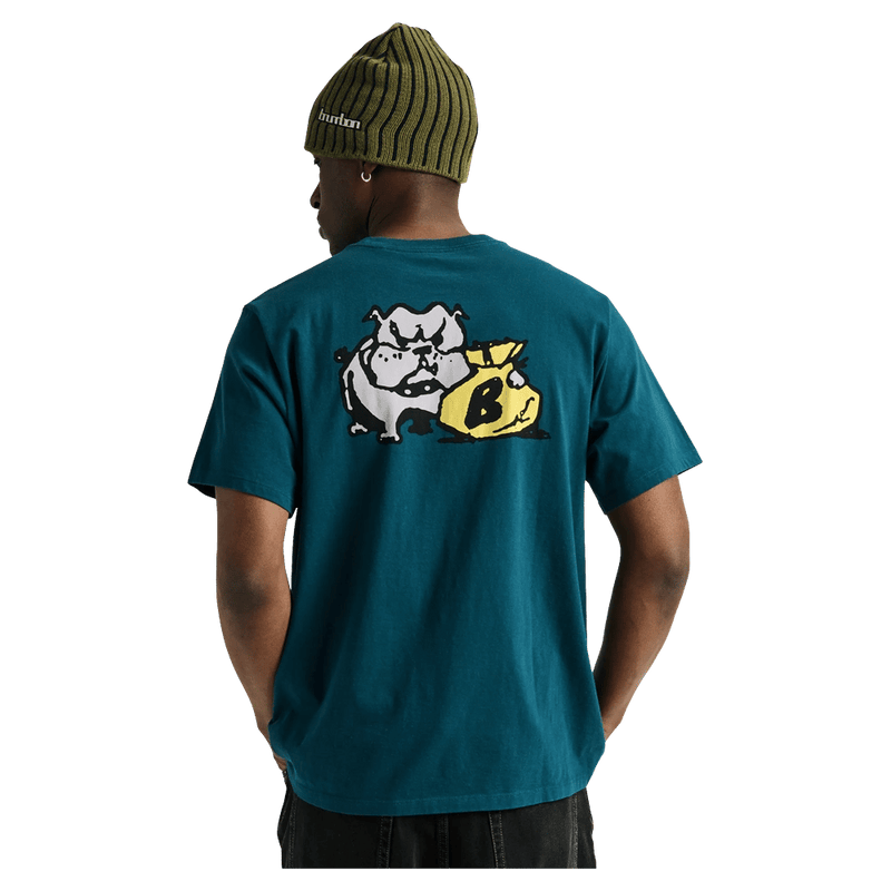 Back of a teal Burton Ransacked SS Tee with a bulldog graphic and yellow bag, worn with an olive green beanie.
