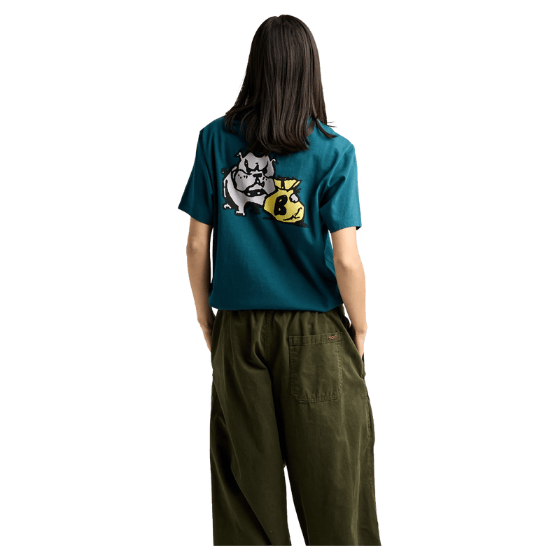 Rear view of a teal Burton Ransacked SS Tee featuring a bulldog and yellow bag graphic on the back.