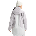 Back view of a women's Burton Reserve Insulated Snowboard Jacket in lavender and white with a hood and white beanie.