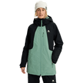 Women's black and sage green hooded Burton Reserve Insulated Snowboard Jacket with front zip and chest logo.