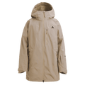 Tan women's Burton Reserve Insulated Snowboard Jacket with a hood, chest pocket, and full-length zipper.