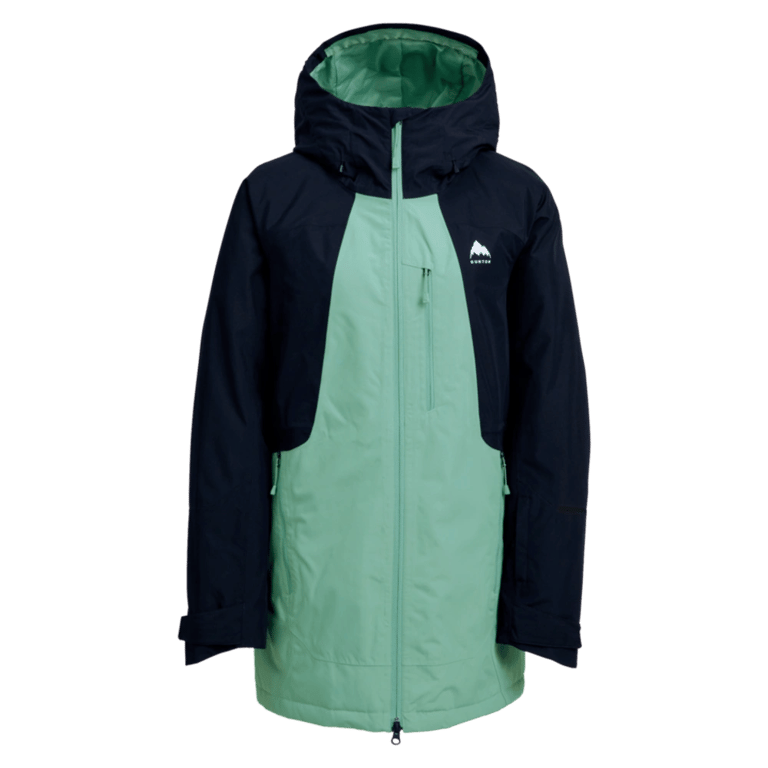 Women's Burton Reserve Insulated Snowboard Jacket in navy and mint green with a hood and full-length front zipper.