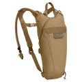 Coyote tan Camelbak Thermobak 3L Short Mil Spec Crux hydration pack with shoulder straps and drinking tube.
