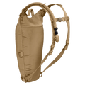 Coyote tan Camelbak Thermobak 3L Short Mil Spec Crux hydration pack with shoulder straps and drinking tube.