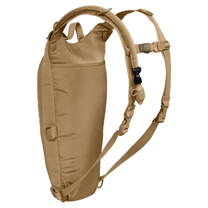 Coyote tan Camelbak Thermobak 3L Short Mil Spec Crux hydration pack with shoulder straps and drinking tube.