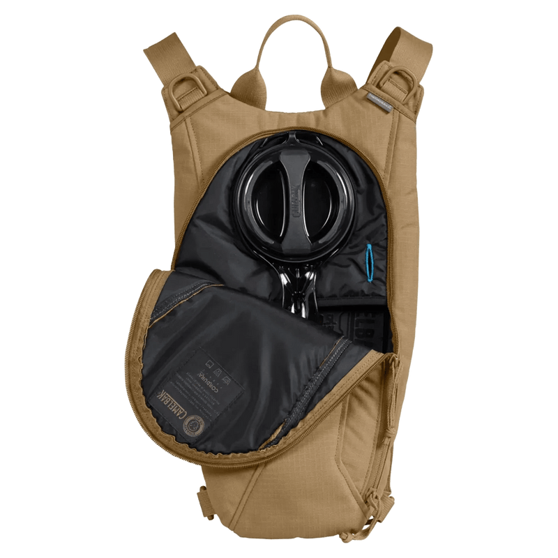 Coyote tan Camelbak Thermobak 3L Short Mil Spec Crux hydration pack with unzipped front revealing black reservoir cap.
