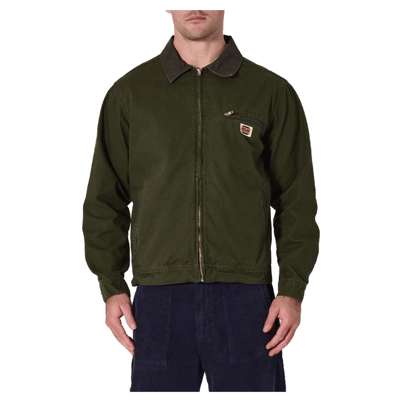 Front view of man in the Rollas Canvas Miner Jacket in colour Mangrove.
