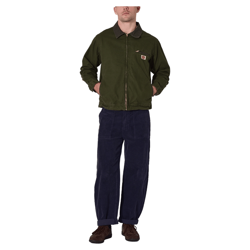 Front view of man in the Rollas Canvas Miner Jacket in colour Mangrove.