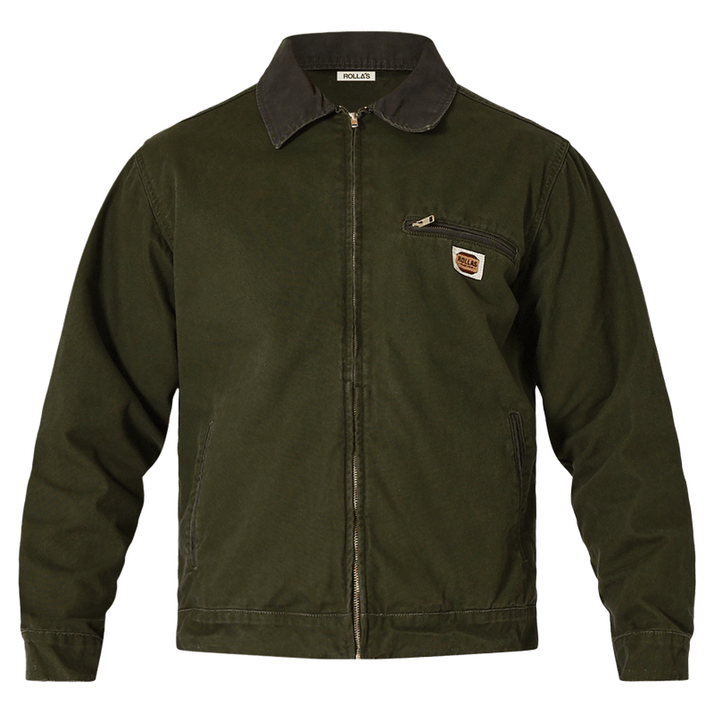 Front view of man in the Rollas Canvas Miner Jacket in colour Mangrove.