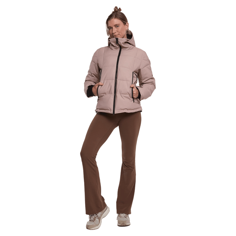 Front view of women wearing the Rojo Chalet Crop Ski Jacket - Womens in colour Beige