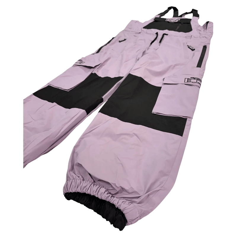2 view of the CHECKthefeed VX Cargo Bib Snowboard Pants - LavendarBlack CTF-VXCBIBLAVENDAR Pants, 26/27 Unisex's model