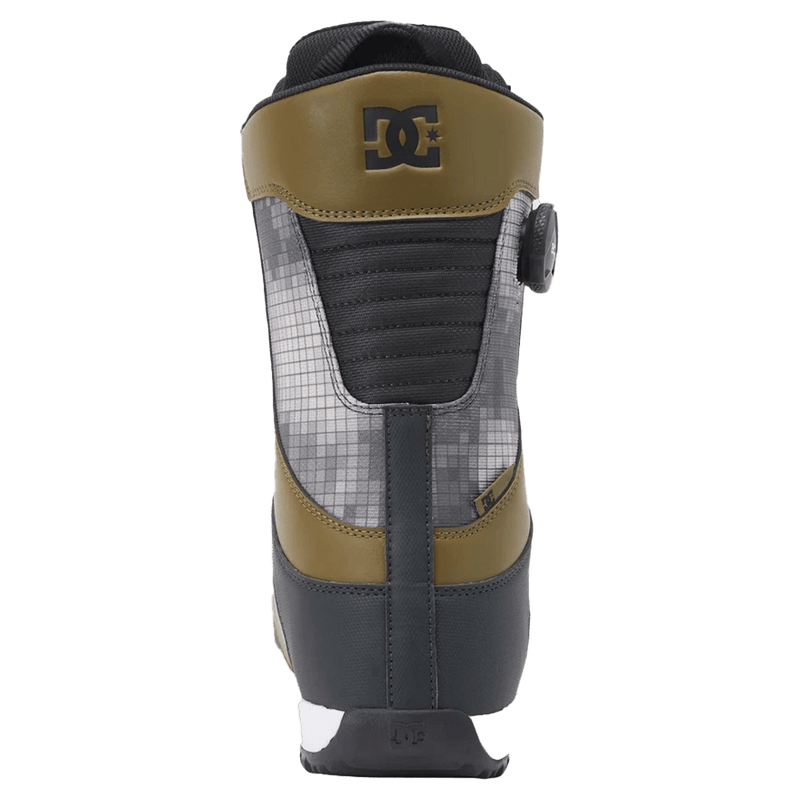 Rear view of olive and grey digital camo DC Control BOA snowboard boot with black accents and BOA dial.