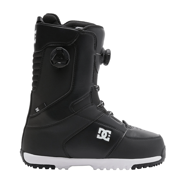 Side profile of black DC Control BOA snowboard boots with dual BOA dials, white logo, and white sole.