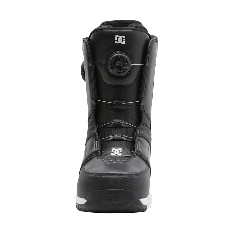 Front view of black DC Control BOA snowboard boots with dual BOA lacing dials and white logo accents.