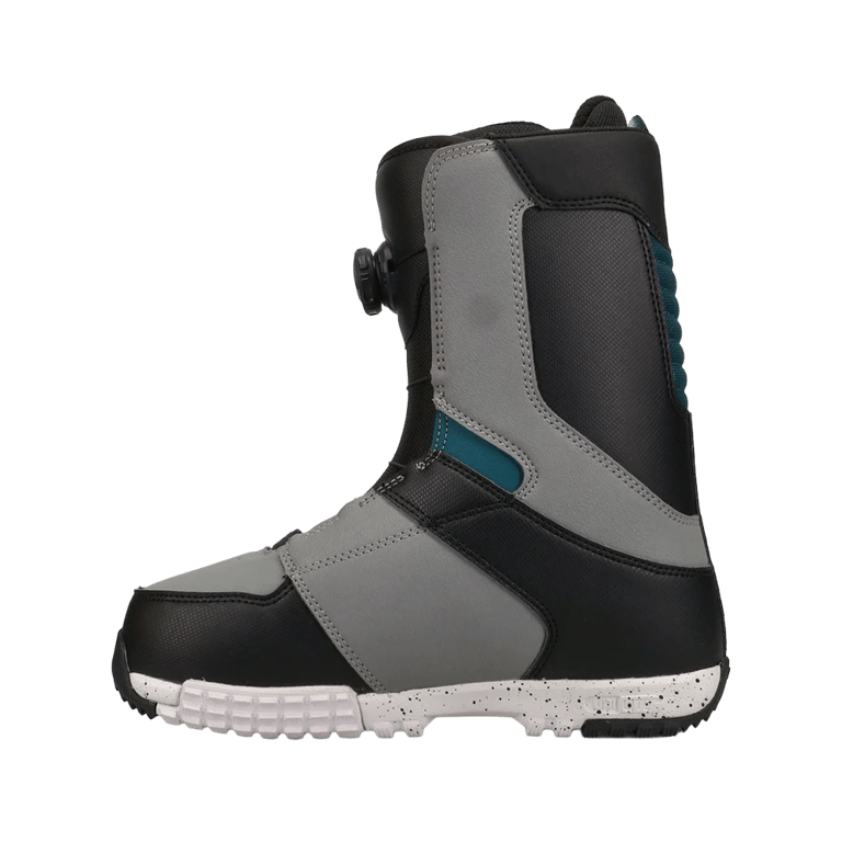 Side profile of a grey and black DC Control BOA snowboard boot with teal accents and a speckled white sole.