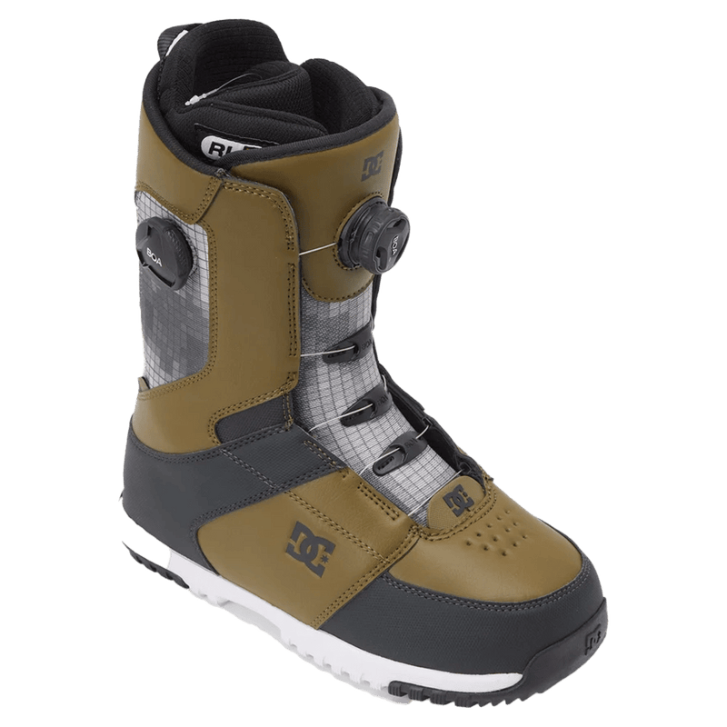 DC Control BOA Snowboard Boots in olive green and grey with dual BOA dials and white soles.