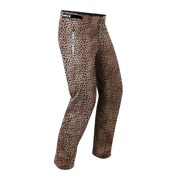 Dharco Kids Gravity Pants in leopard print with a white logo on the thigh, shown from a side angle.