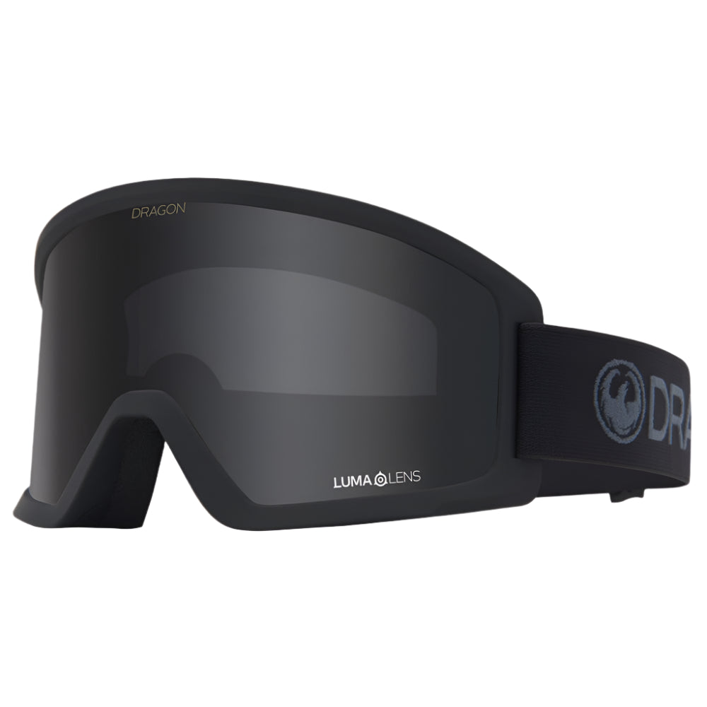 Dragon DX3 L OTG snow goggles in Blackout colorway with LL Dark Smoke lens, cylindrical shape, and manual lens change system designed for over-the-glasses use with large fit