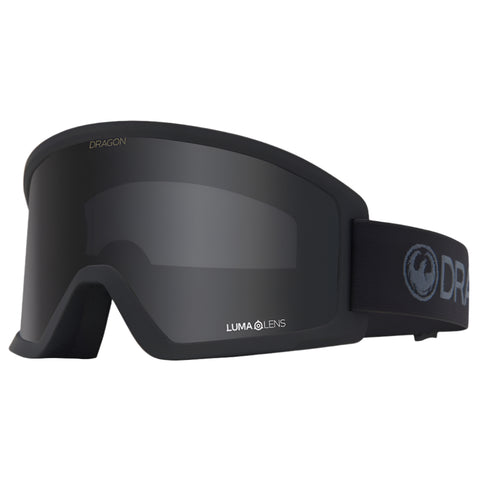 Dragon DX3 L OTG snow goggles in Blackout colorway with LL Dark Smoke lens, cylindrical shape, and manual lens change system designed for over-the-glasses use with large fit